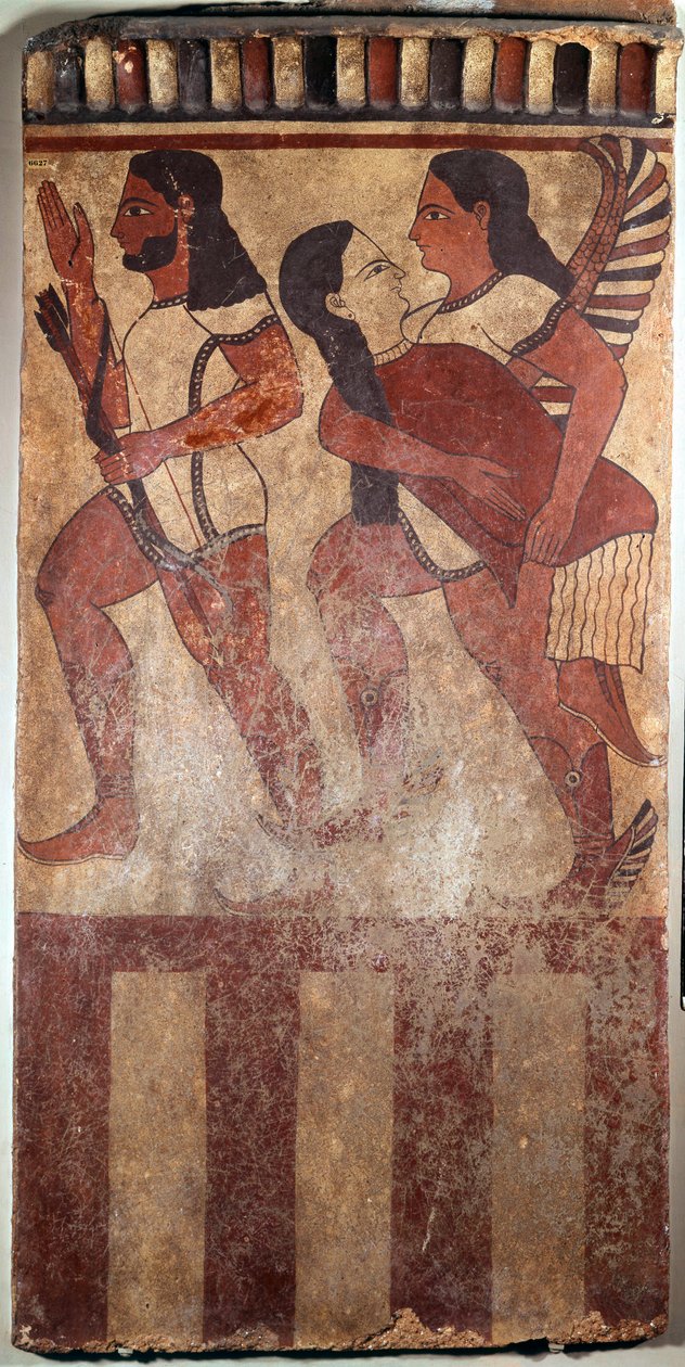 Etrüsk Sanatı: Plaque Campana adı verilen plaka boyalı pişmiş toprak: okçu, kadın figürü taşıyan bir cin kanadı (Cerveteri (İtalya), MÖ 6. yy.). Paris, Louvre Müzesi by Etruscan Etruscan