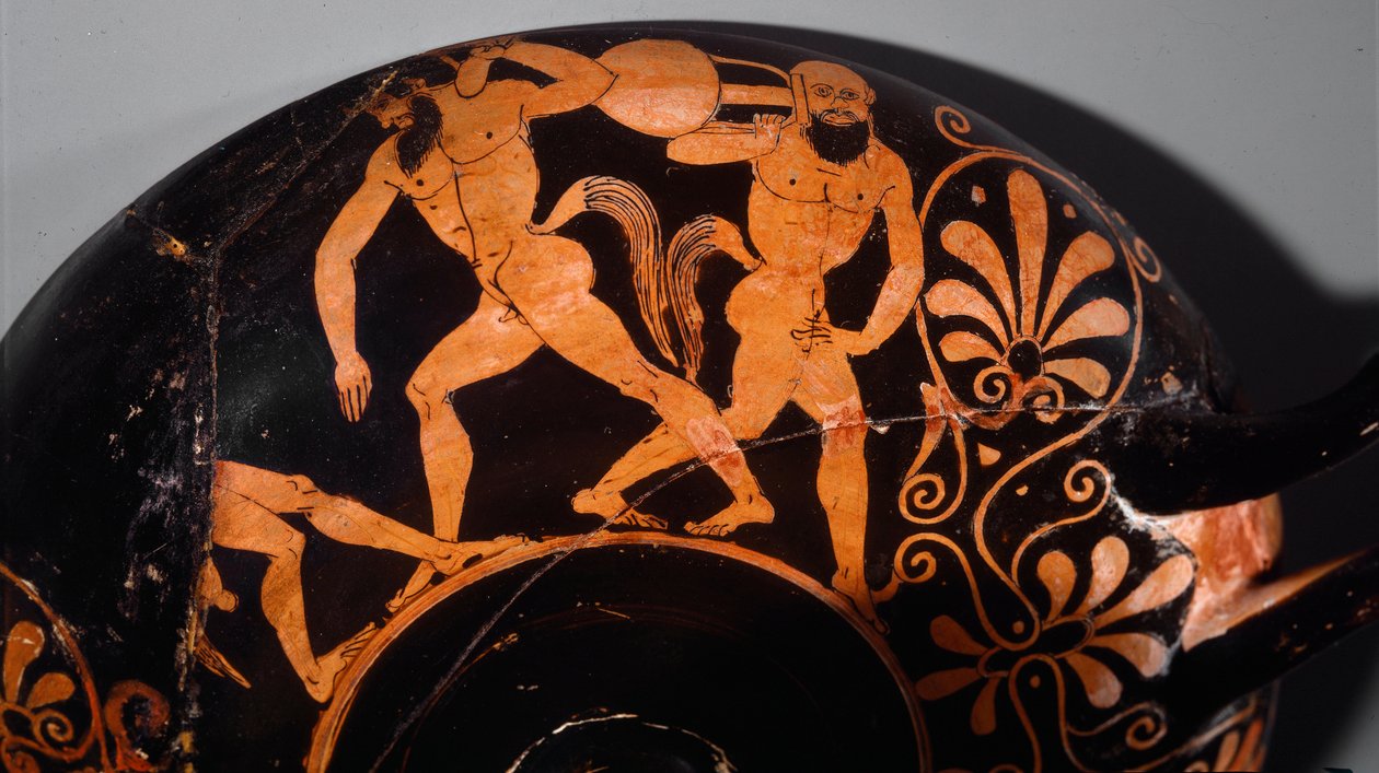Etrüsk sanatı: Kylix bir komos, satirlerin ritüel kortejini süslüyor (kabartma çizgileri kullanan kırmızı figürlü etrüsk seramiğinin ilk örneği). 380 M.Ö. Vulci (?) Paris