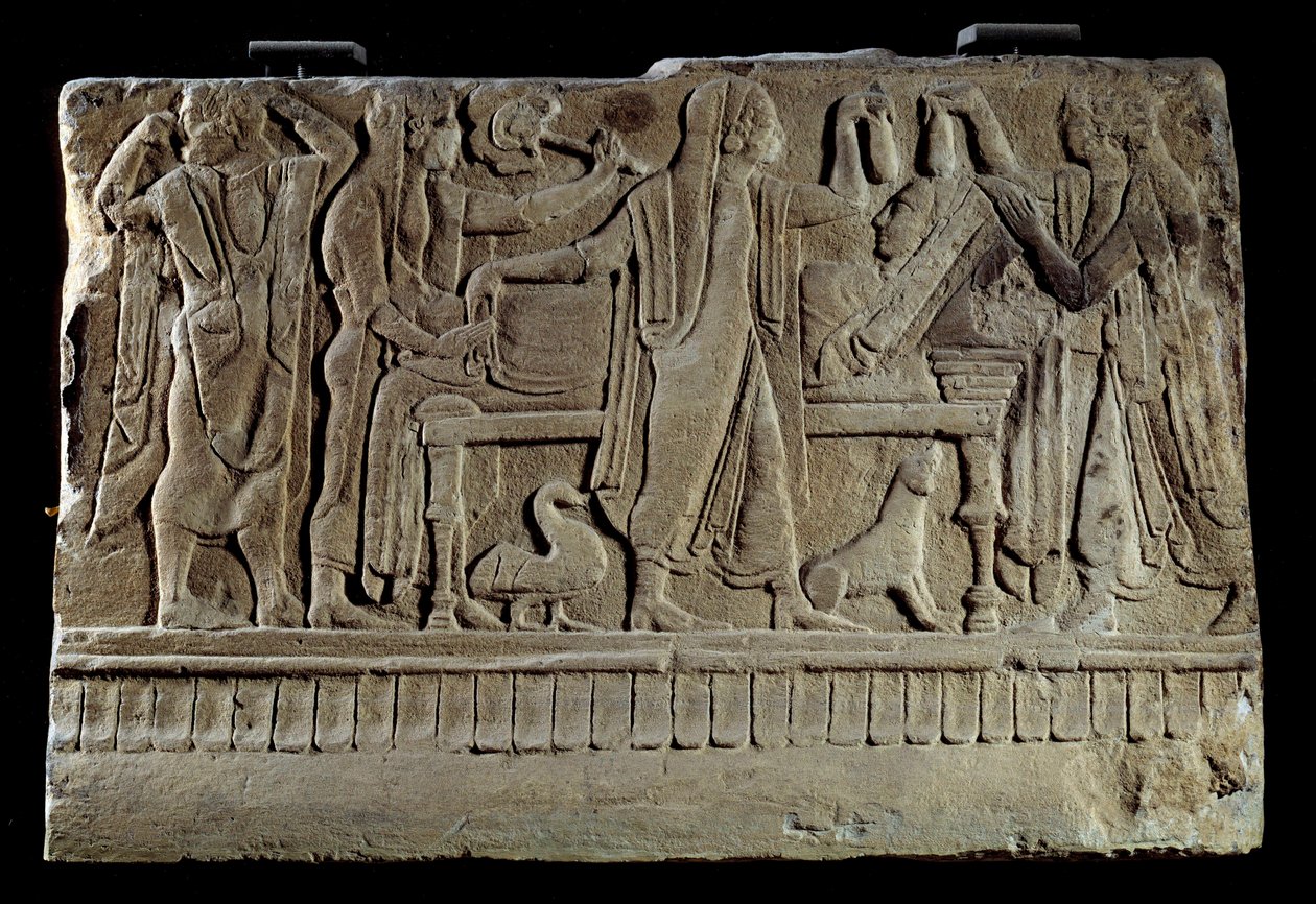 Etrüsk Antik: Cenaze cippe plaketi. Merhumun cenaze yatağında sergilenmesi. Paris, Louvre Müzesi by Etruscan Etruscan