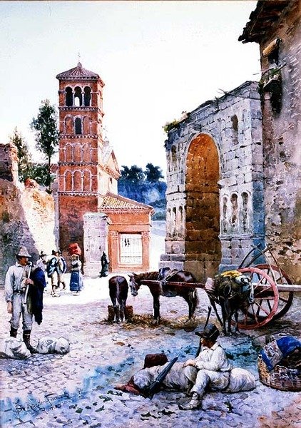 Kemerli Roma Meydanındaki Figürler (suluboya) by Ettore Roesler Franz