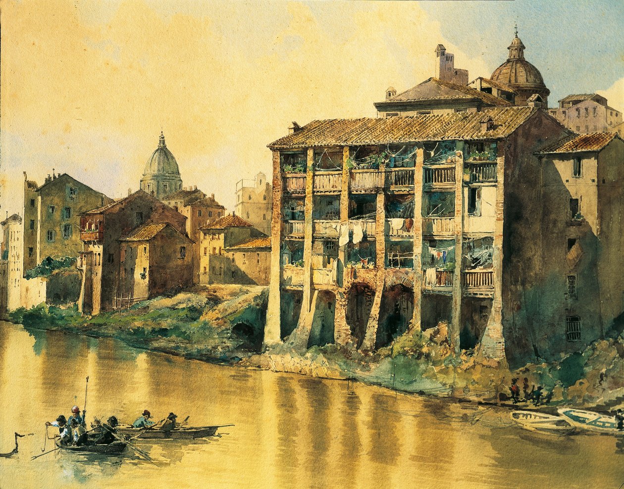 İtalya, Roma, Tiber Nehri boyunca eski evler, Ettore Roesler Franz, Suluboya by Ettore Roesler Franz