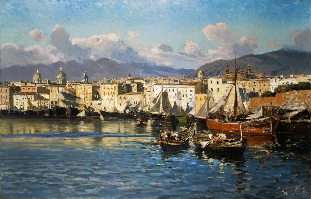 Eski Palermo Limanı (tuval üzerine yağlı boya) by Ettore de Maria Bergler