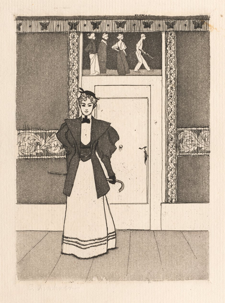 Yürüyen kostümlü genç kadınla iç mekan by Eugen Kirchner