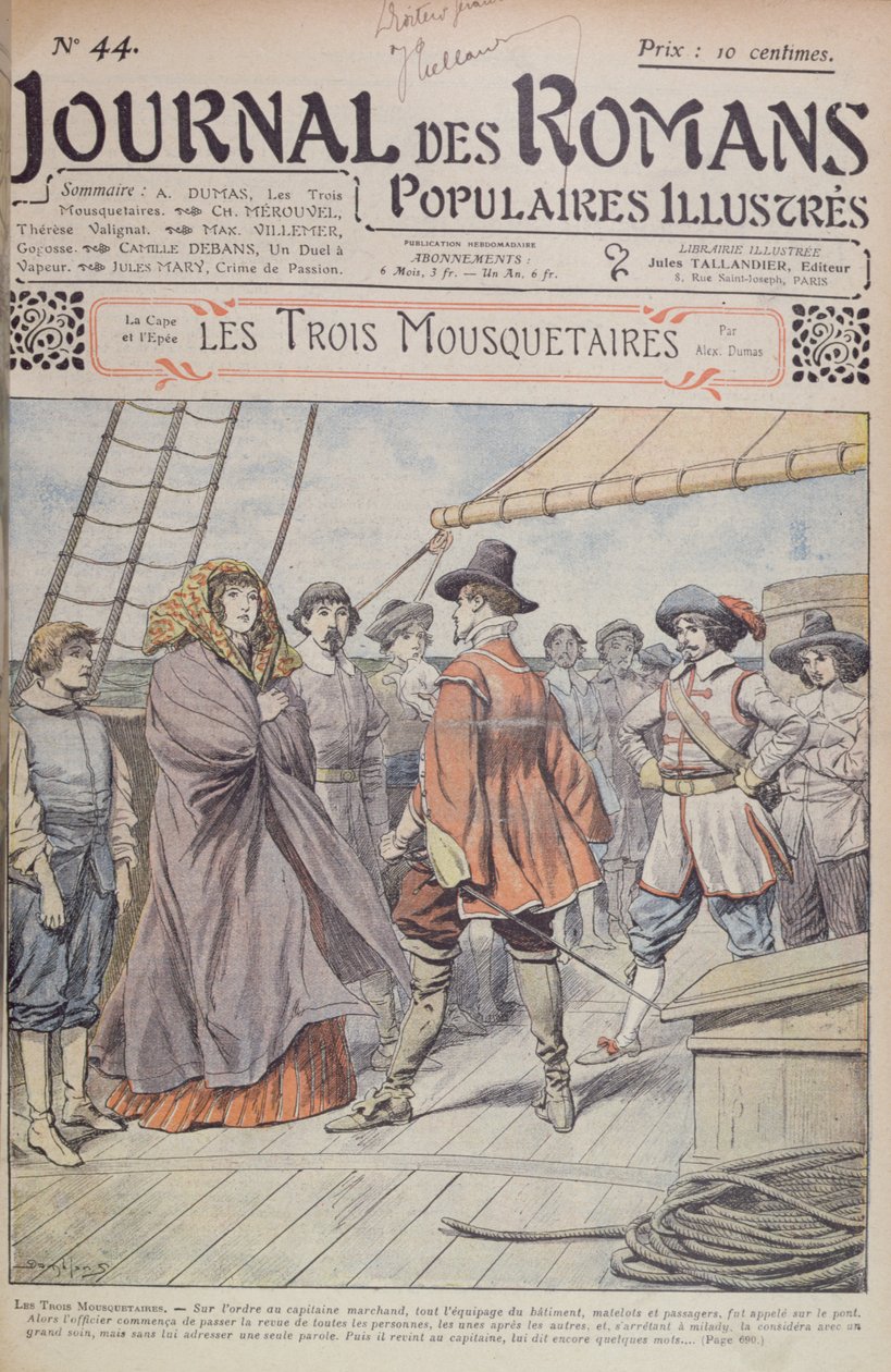 Alexandre Dumas pere'nin (1803-70) "Journal des Romans Populaires Illustres"dan "Üç Silahşörler" serisinin ön kapağı, 1905 by Eugene Damblans