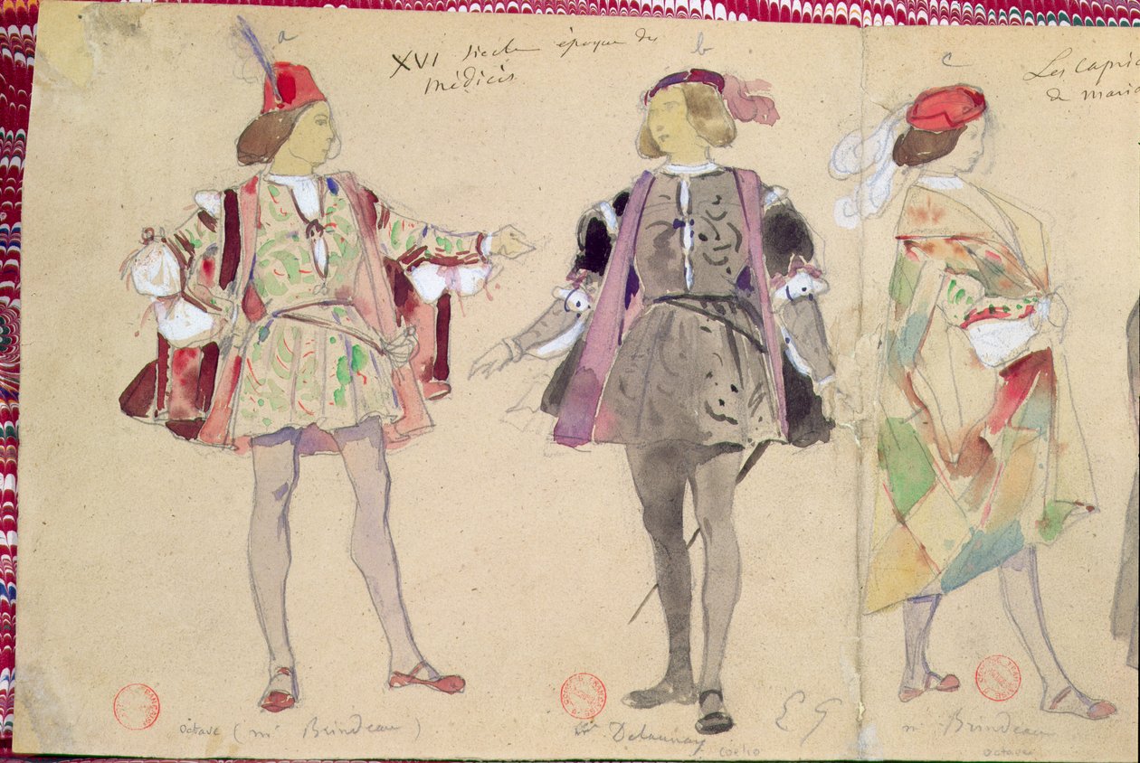 Alfred de Musset'in (1810-57) 'Les Caprices de Marianne' için Octave (Brindeau tarafından canlandırıldı) ve Coelio (Delaunay tarafından canlandırıldı) için kostüm tasarımları by Pierre François Eugène Giraud