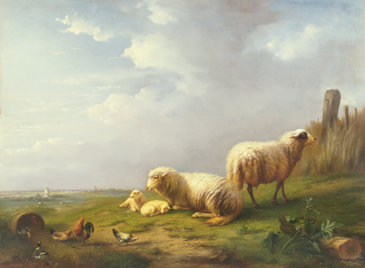 Bir manzarada koyun ve tavuklar, 19. yüzyıl by Eugene Joseph Verboeckhoven