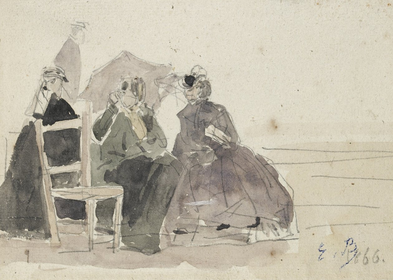 Sahilde Sandalyelere Oturan Üç Kadın (beyaz kağıt üzerine grafit) by Eugene Louis Boudin