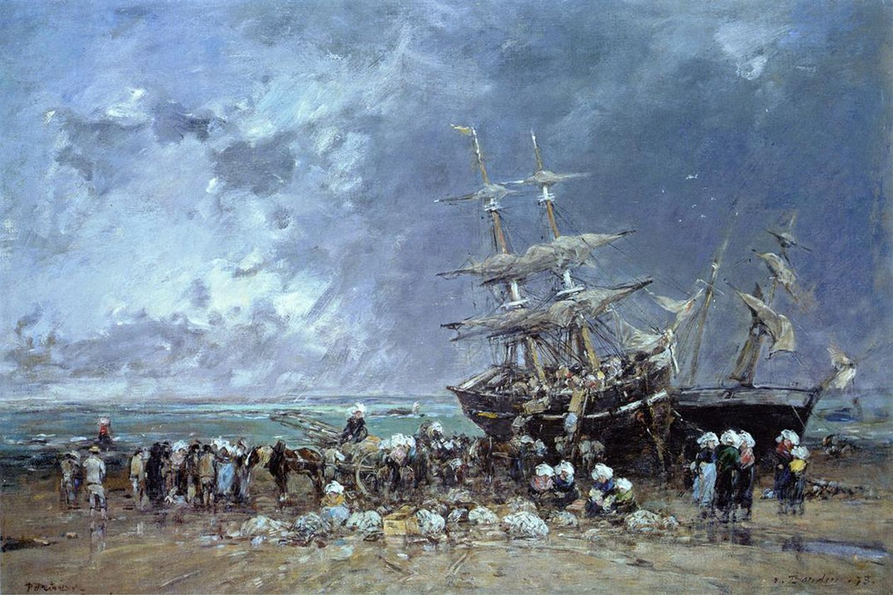 Newfoundland Balıkçı Teknesini Boşaltma, 1873 by Eugene Louis Boudin