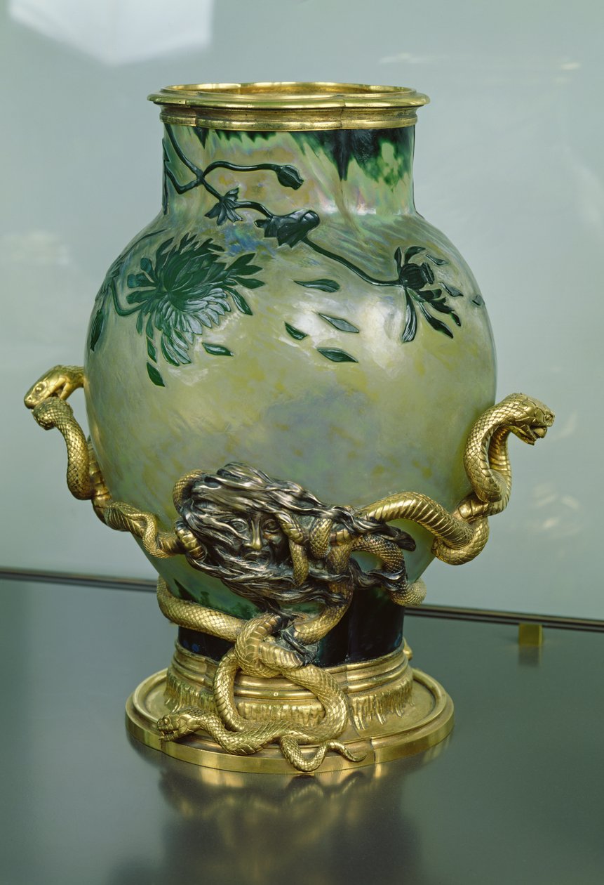 İç içe yılanlı stantlı kristal vazo, 1890 dolayları (bronz ve cam) by Eugène Rousseau