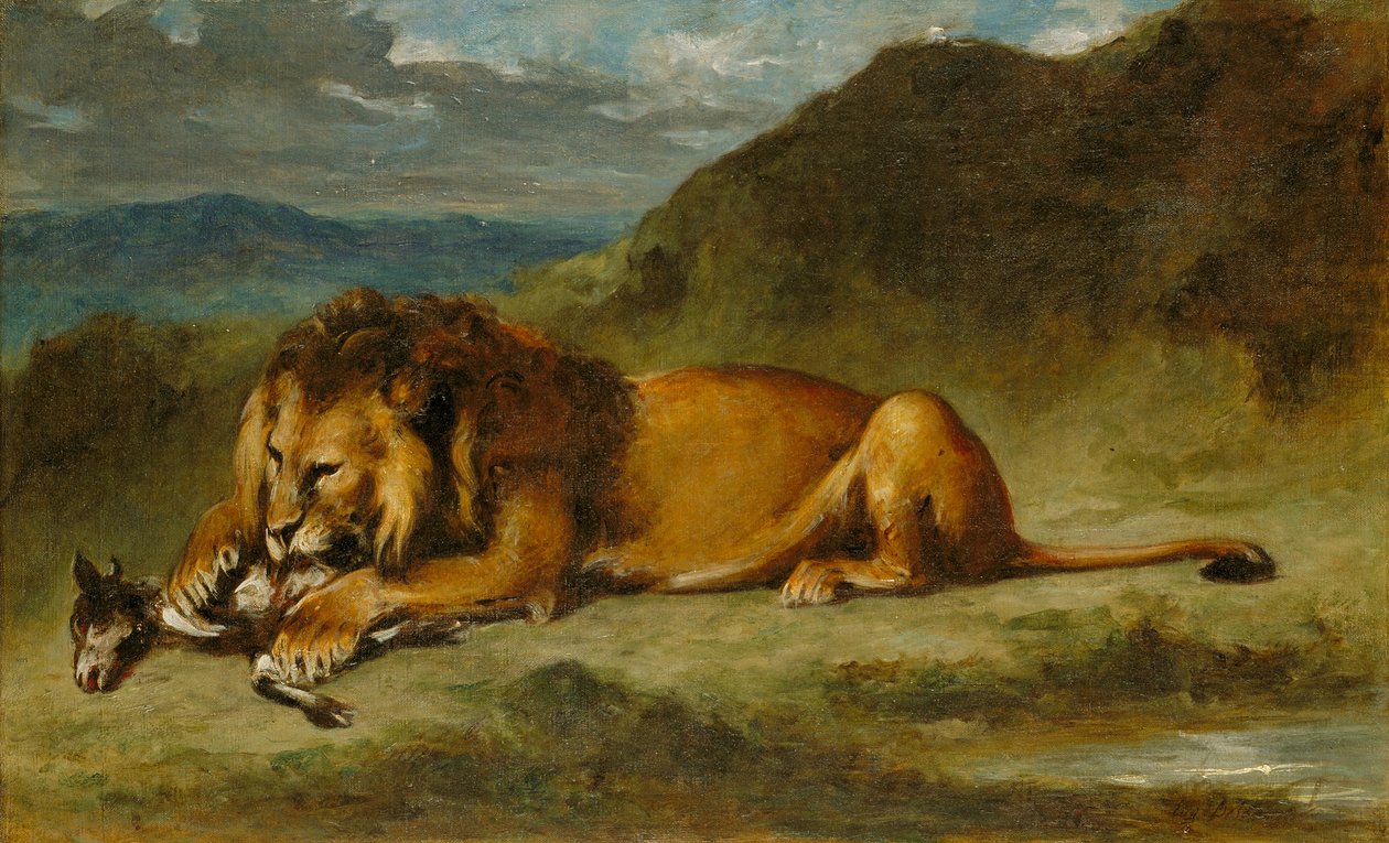 Keçiyi Yiyen Aslan, 1850 dolayları (tuval üzerine yağlı boya) by Eugene  Delacroix