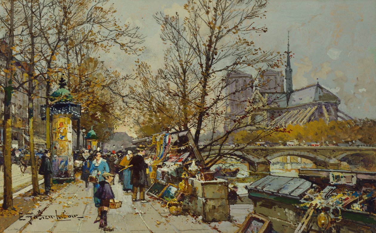 Rive Gauche, Paris, Notre Dame Ötesi ile (kartta gövde rengi) by Eugene Galien Laloue