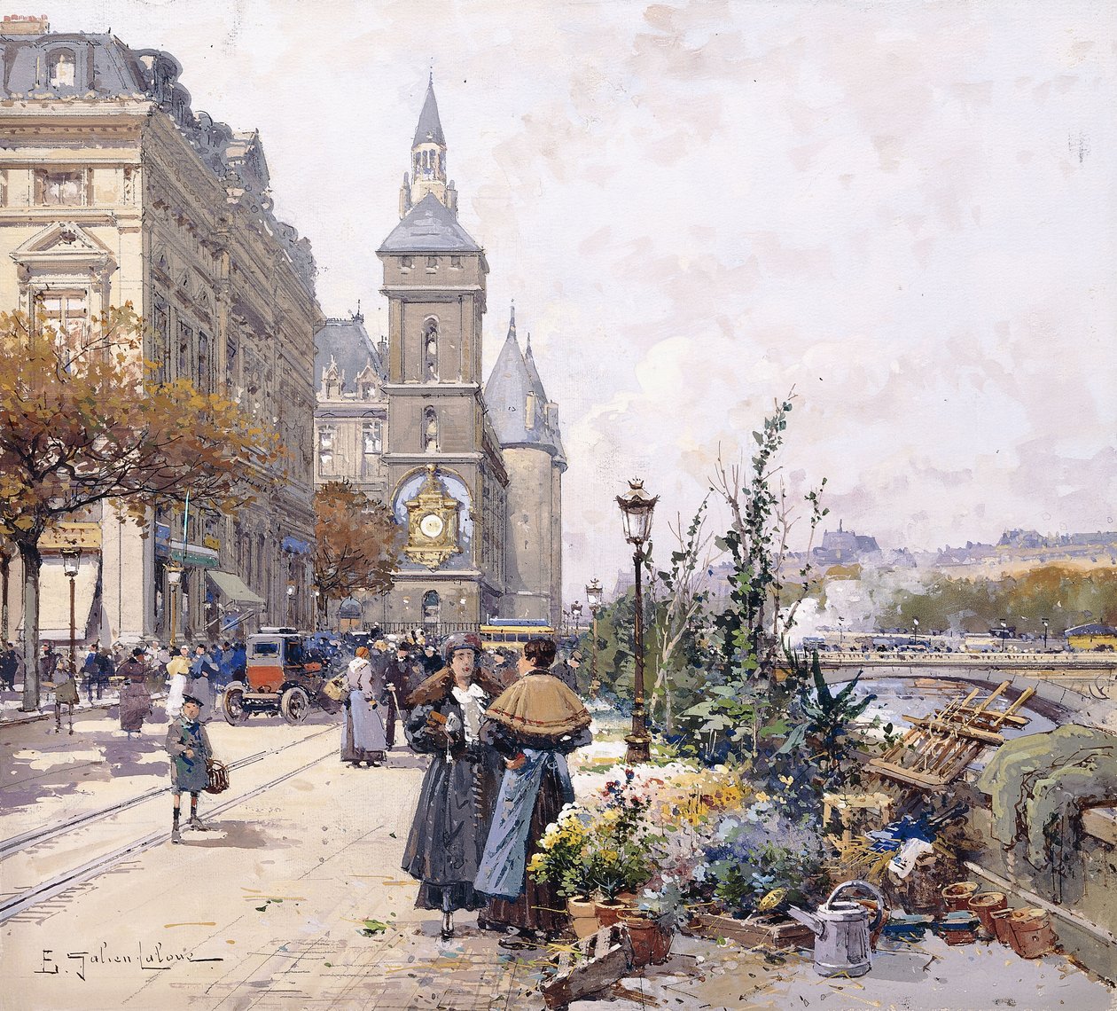 Quai aux Fleurs ve Otel by Eugene Galien Laloue