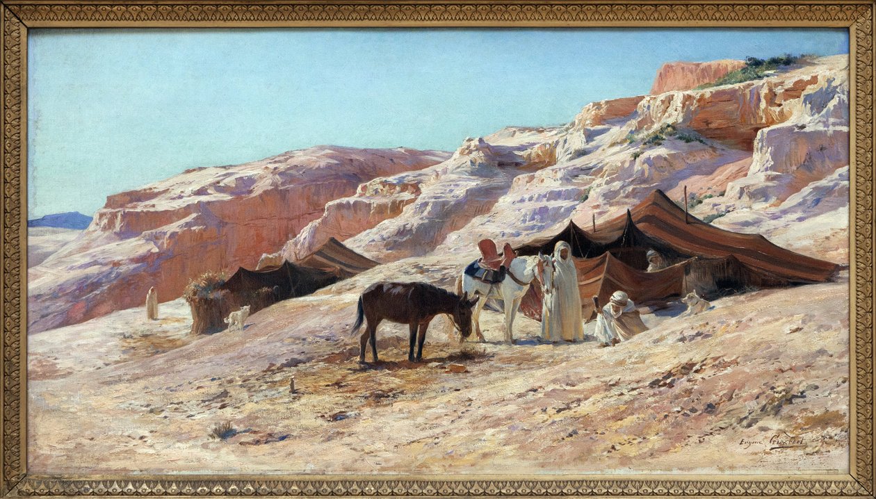 Kamp, Tuval Üzerine Yağlıboya Resim Eugene Girardet (1853-1907), bir grup Arap gezginin (Bedevi) kum tepeleri manzarasında kamp kurması. karartmak 50x60cm. Fotoğraf, KIM Youngtae, Nantes, Musee des Beaux Art de Nantes. by Eugene Alexis Girardet