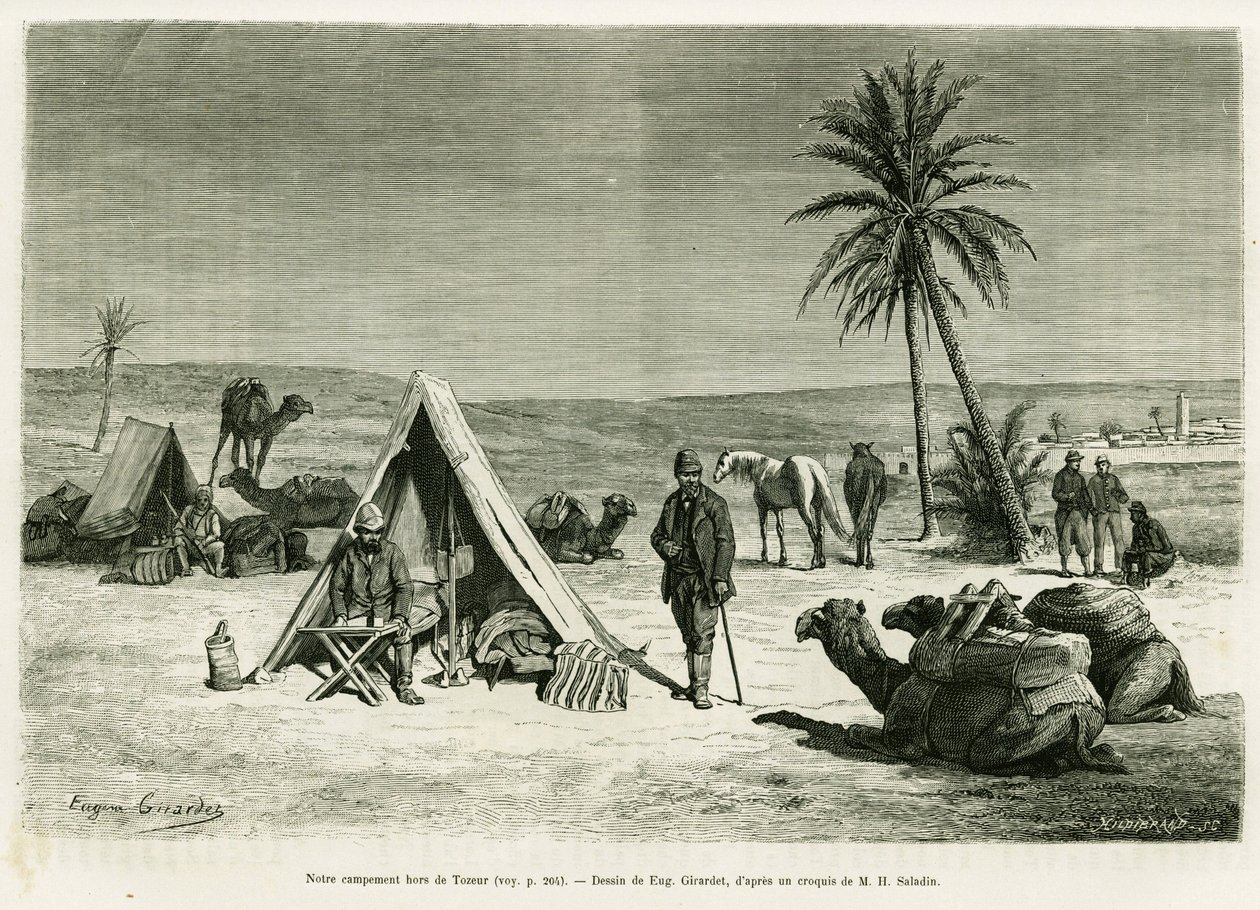 Tozeur civarında gezgin kampı. Eugene Girardet tarafından, Edouard Charton (1807-1890), Hachette, Paris tarafından yönetilen le tour du monde 1886