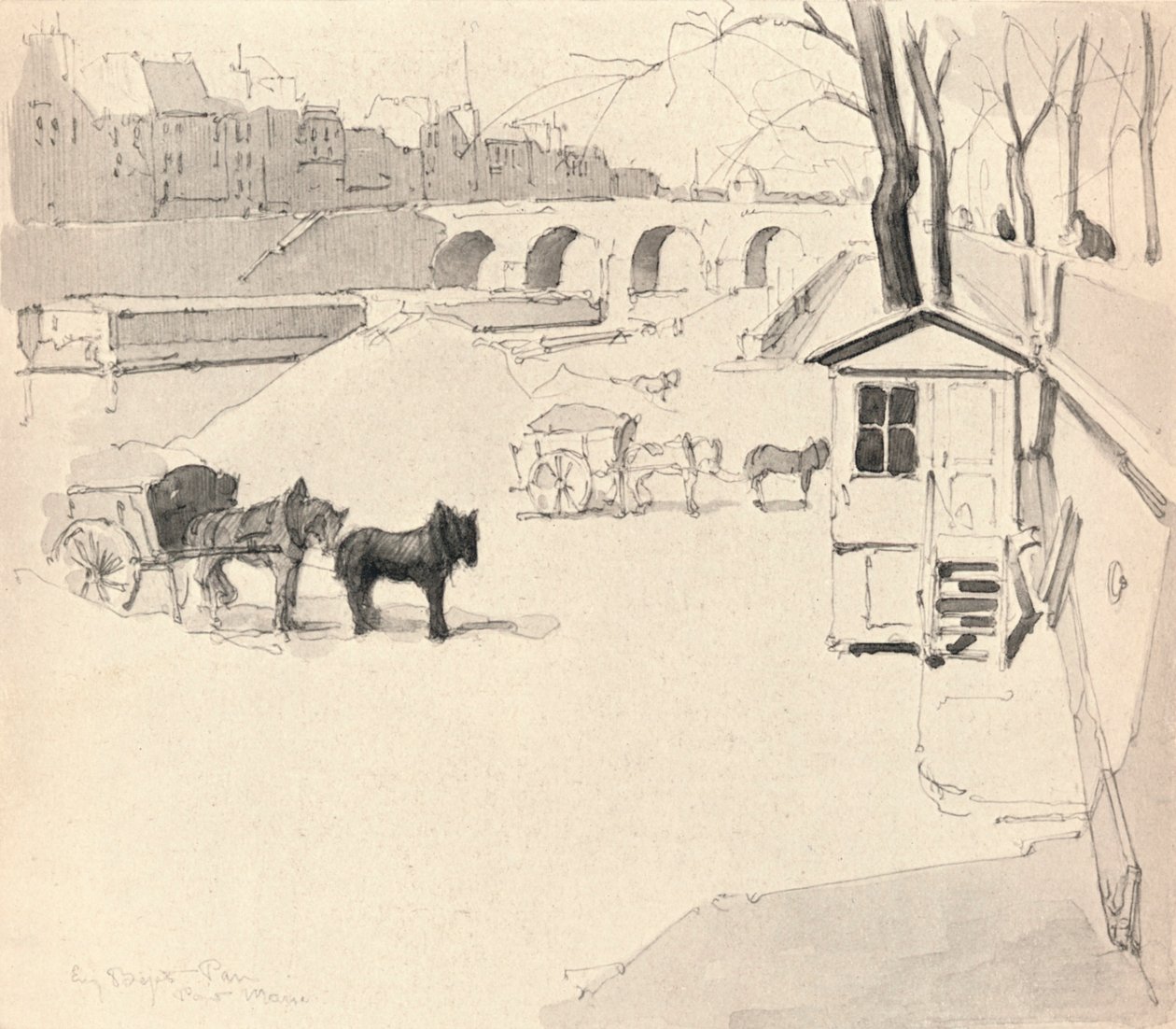 Pont Marie - Atlar ve Arabalar, 1915 by Eugene Bejot