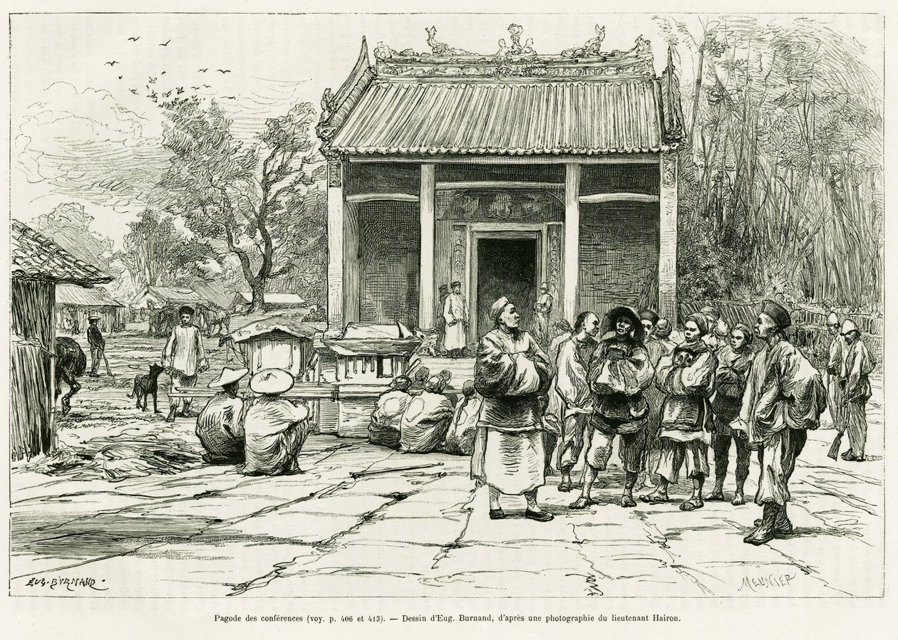 Konferanslar Pagoda, Monkay. Eugene Burnand tarafından gravür, Sur les frontières du Tonkin hikayesini göstermek için, Doktor P.Neiss tarafından, le tour du monde 1888, Edouard Charton (1807-1890), Hachette, Paris. by Eugene Burnand