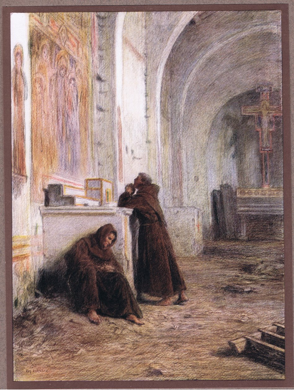 Rahip Giles ve arkadaşı, terk edilmiş bir kilisede açlıktan bayılıyor, 1919 by Eugene Burnand