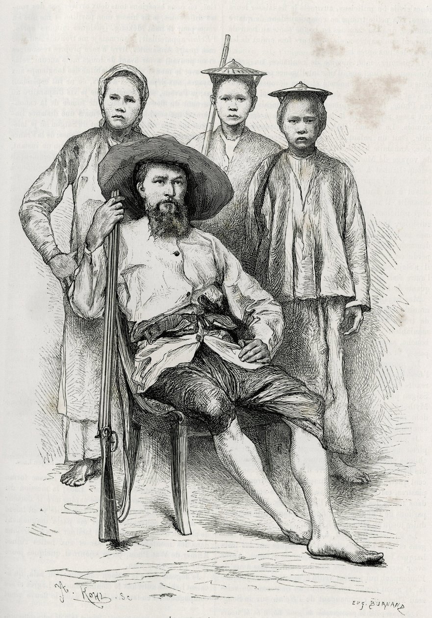 Yazarın portresi, seyahat arkadaşlarını çevreler. Eugene Burnand tarafından yapılan gravür, 1880