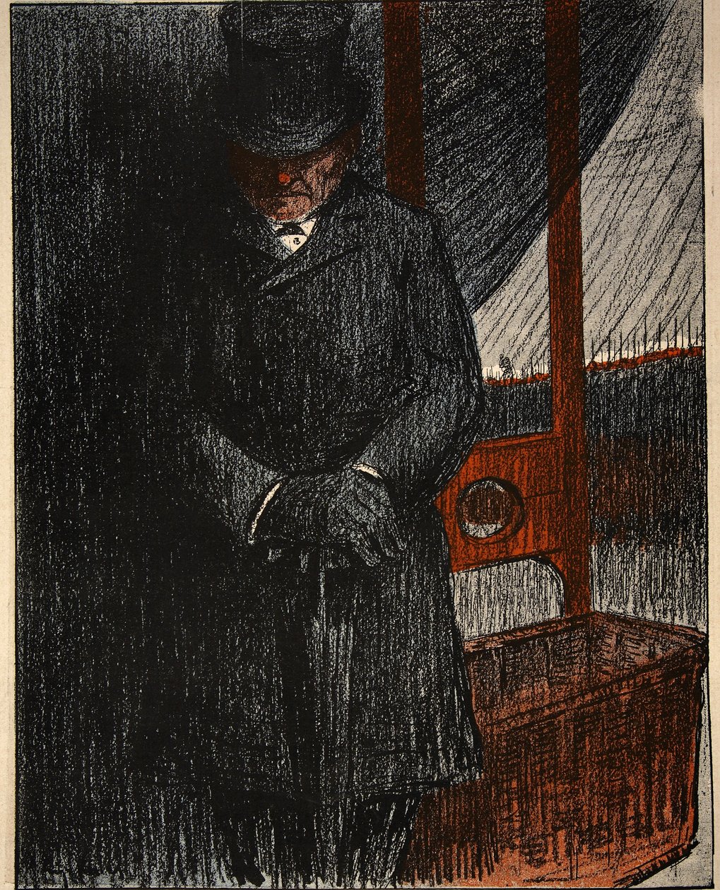 Bir cenaze levazımatçısı giyotinle bir sonraki kurbanını bekliyor, 'Tereyağı Tabağı: Görevliler'den bir çizim, 9 Ağustos 1902 (renkli taş) by Eugene Cadel