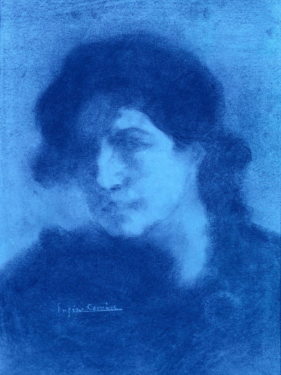 Bir Kadının Portresi (mavi mürekkep ve kağıt üzerinde yıkama) by Eugène Carrière