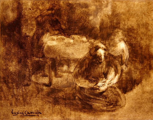 Bir çocuğun ayakkabı bağcıklarını yazan kadın (tuval üzerine yağlı boya) by Eugène Carrière