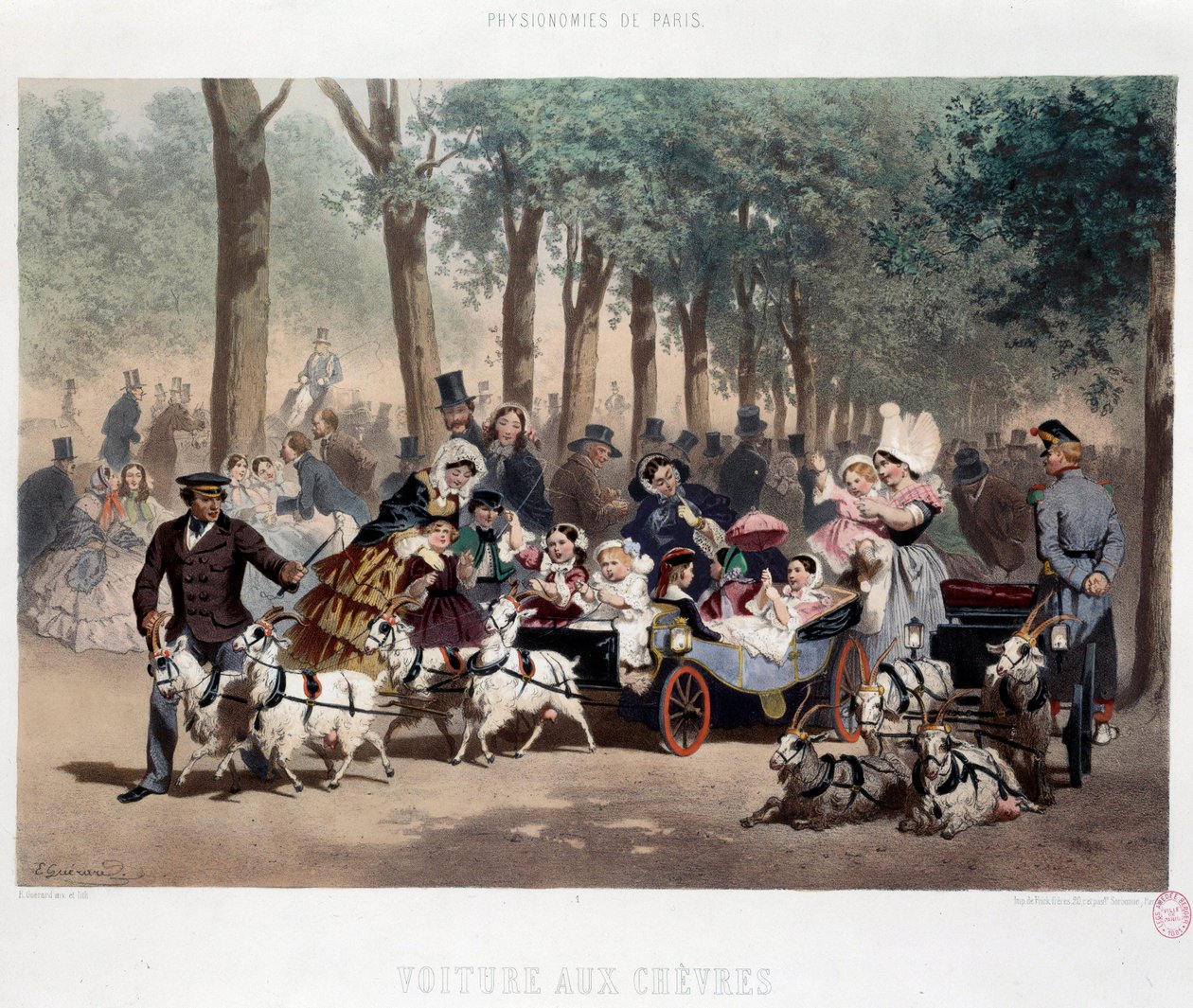 19. yüzyılda Paris'teki Tuileries Bahçesi'nde araba ile yürüyün Eugene Guerard (1821-1866) tarafından Litografi 19. yüzyıl Paris, Musee Carnavalet by Eugene Charles Francois Guerard