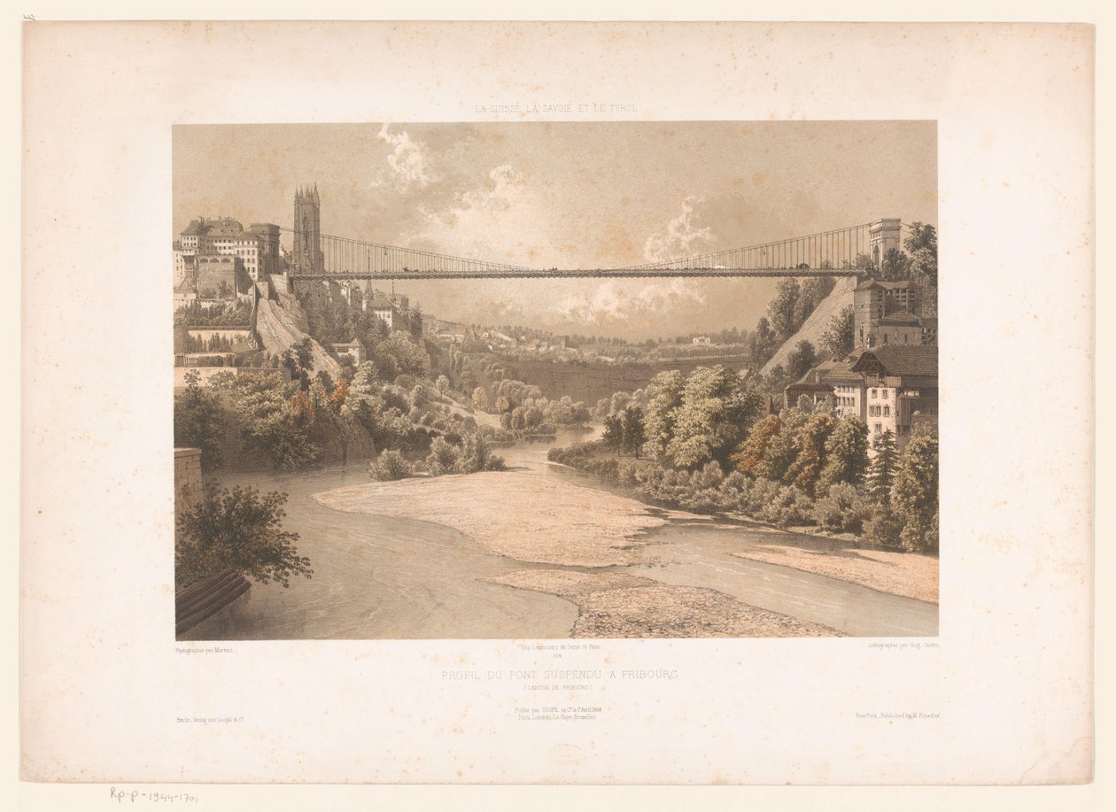Gezicht op de hangbrug üzerinde de Sarine, te Fribourg İsviçre Savoy ve Tirol / Fribourg