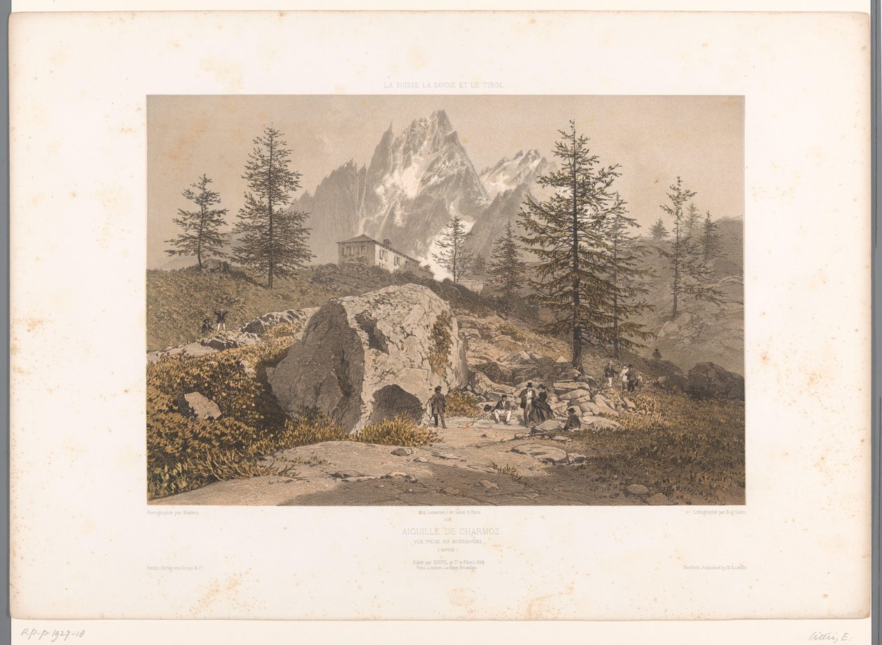 Yürüyüşçüler ve Aiguille des Grands Charmoz manzarası ile manzara Aiguille de Charmoz (nesne üzerinde başlık) İsviçre, Savoy ve Tirol