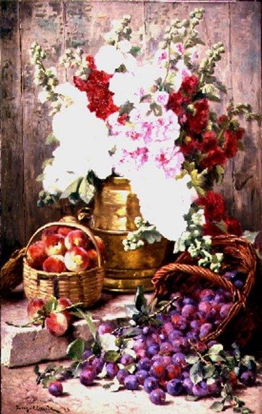 Pirinç vazoda çiçekler ve sepetlerde meyve ile natürmort by Eugene Claude