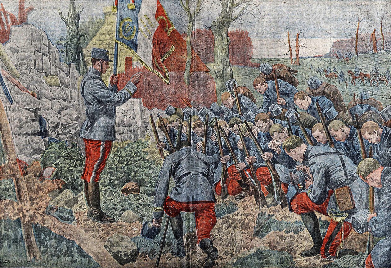 Bayraklı bir rahip, alayının subaylarına ve askerlerine saldırmak için yola çıktıklarında af diledi. 1915 tarihli “Le pelerin”de. by Eugene Damblans
