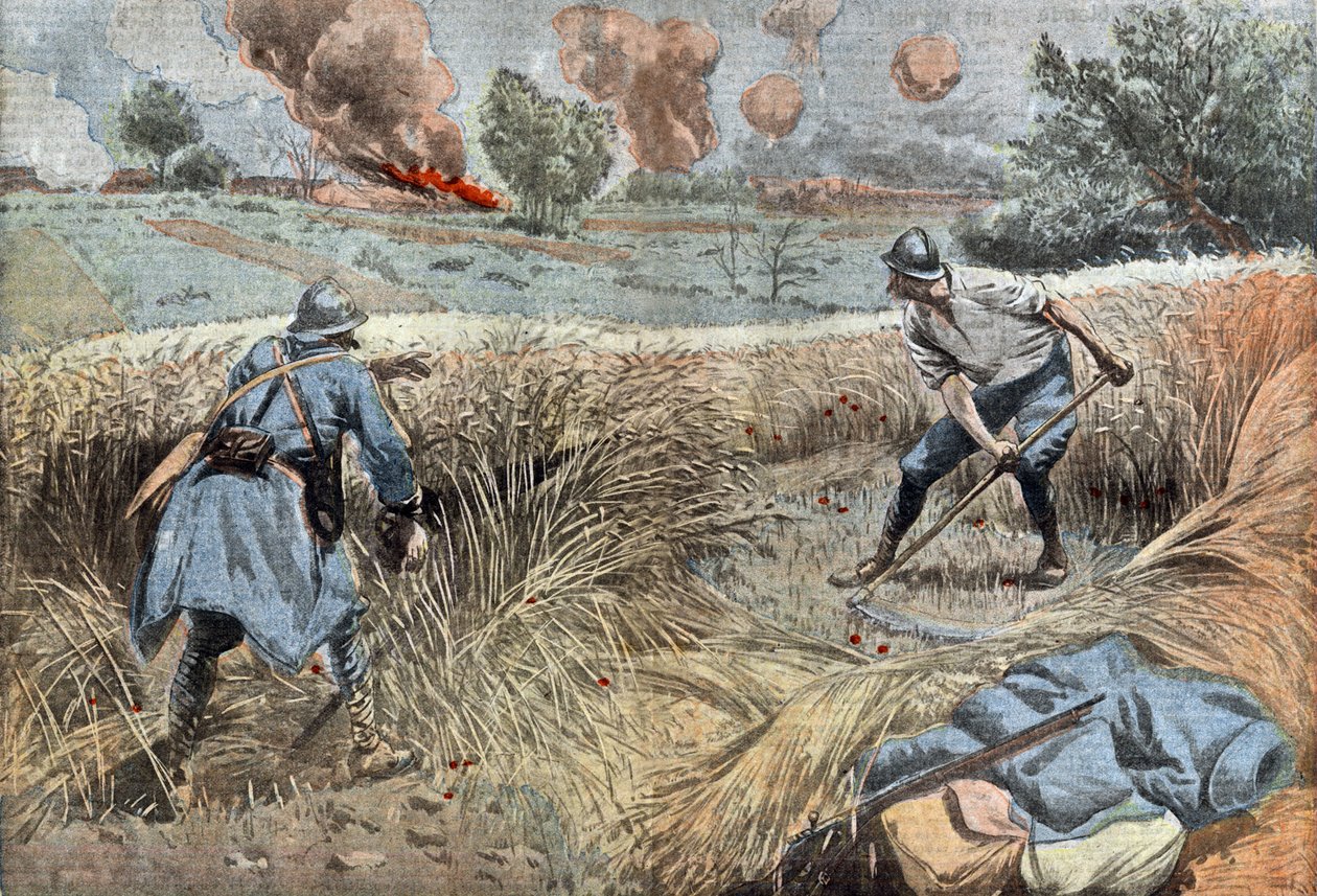 Fransız bir topçu, Almanları öldürmek için buğdayı tırpanlıyor, Damblans tarafından Fransız gazetesi "Le Pelerin"den çiziliyor 30 Haziran by Eugene Damblans