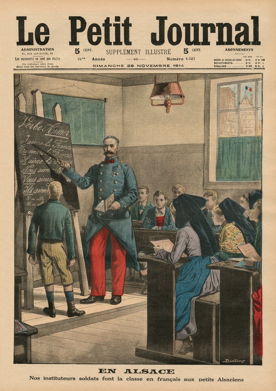 Alsace, Alsaslı çocuklara Fransızca öğreten öğretmen askerlerimiz, 'Le Petit Journal'dan ön kapak resmi, ek illustre, 29 Kasım 1914 by Eugene Damblans