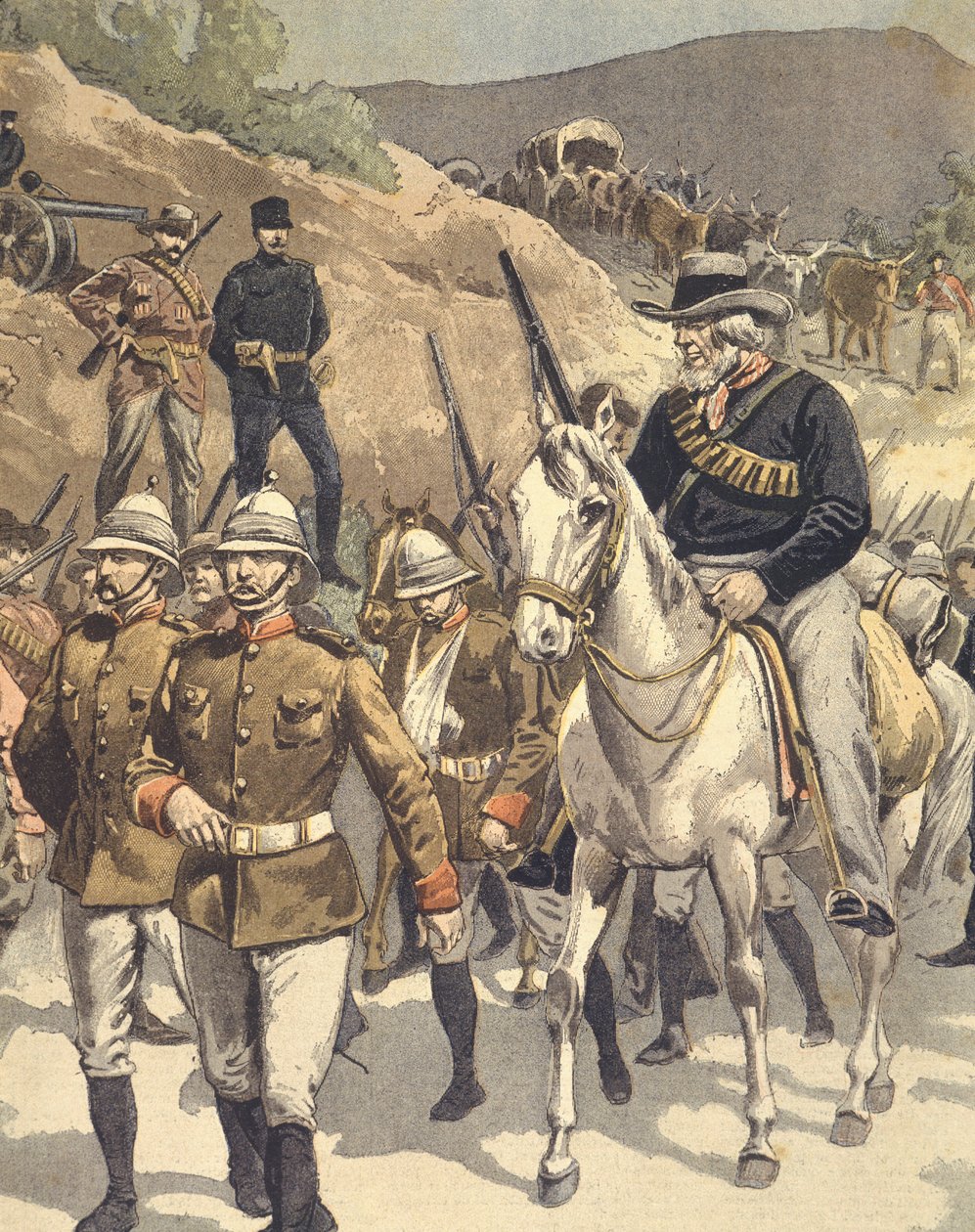 1850-1902 Anglo-Zulu ve Anglo-Boer Savaşları sırasında Nicholson's Nek savaşından sonra İngiliz mahkumlar, illüstrasyon by Eugene Damblans