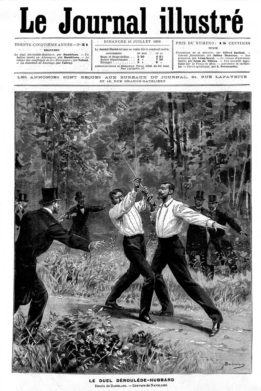 31 Temmuz 1898 tarihli ve Illustrous N¡ 31 dergisinin “biri” üzerine Damblans gravürü: Paul Deroulede (1846-1914) ve Gustave Hubbard (1858-1927) arasındaki kılıç düellosu - tanıklar müdahale etti - by Eugene Damblans