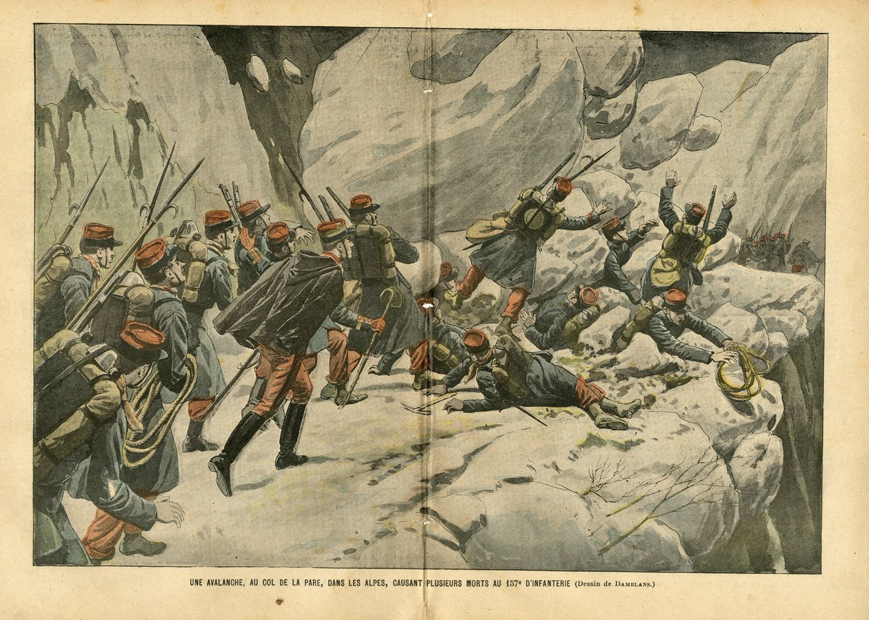 Eugene Damblans'ın (1865-1945) Le Pelerin'deki çizimi, 06/03/04 - Alpler'deki Pare geçidinde bir çığ, 157. Piyade'de birkaç kişinin ölümüne neden oldu - Çeşitli gerçekler, Armee, Dağcılık Tırmanışı, Piyade , Alpler, Çığ - Asker by Eugene Damblans