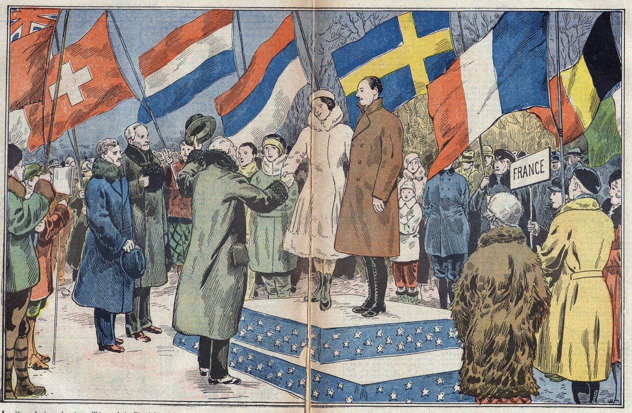 Kış Olimpiyat Oyunları (1932) - kapanış töreni: Olimpiyat şampiyonu Fransız patenciler M. ve Bayan Brunet Joly (Brunet-Joly) jüri tarafından tebrik edilir. Lake Placid, ABD. Damblans