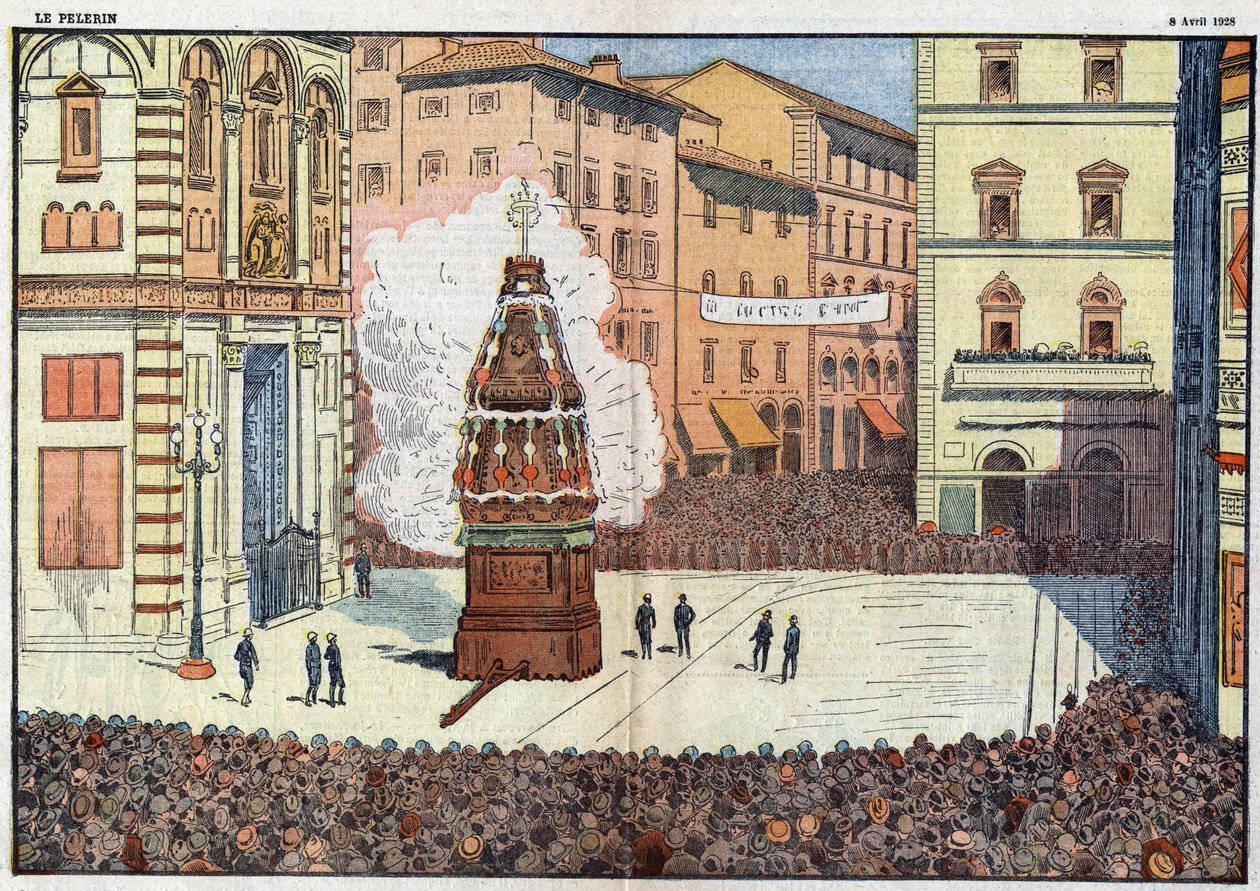 Floransa şehrinin Scoppio del Carro (arabanın patlaması) halk etkinliği - Damlans tarafından Nisan 1928'de yapılan illüstrasyon by Eugene Damblans