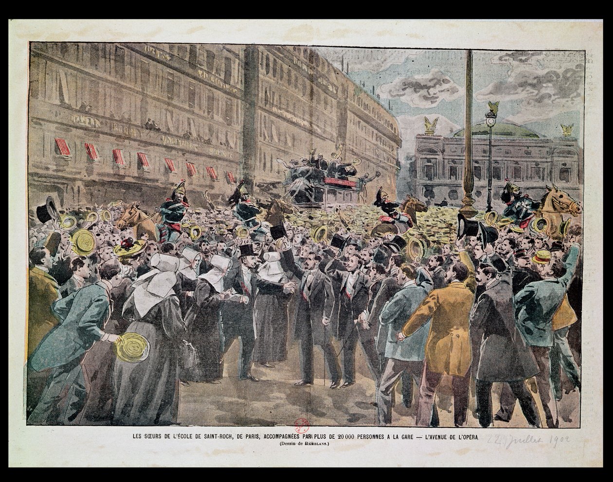 Paris'teki L'Ecole Saint-Roch Rahibeleri, İstasyona 20.000 Kişi Eşlik Ediyor, Avenue de l'Opera, 22 Temmuz 1902 (renkli lito) by Eugene Damblans