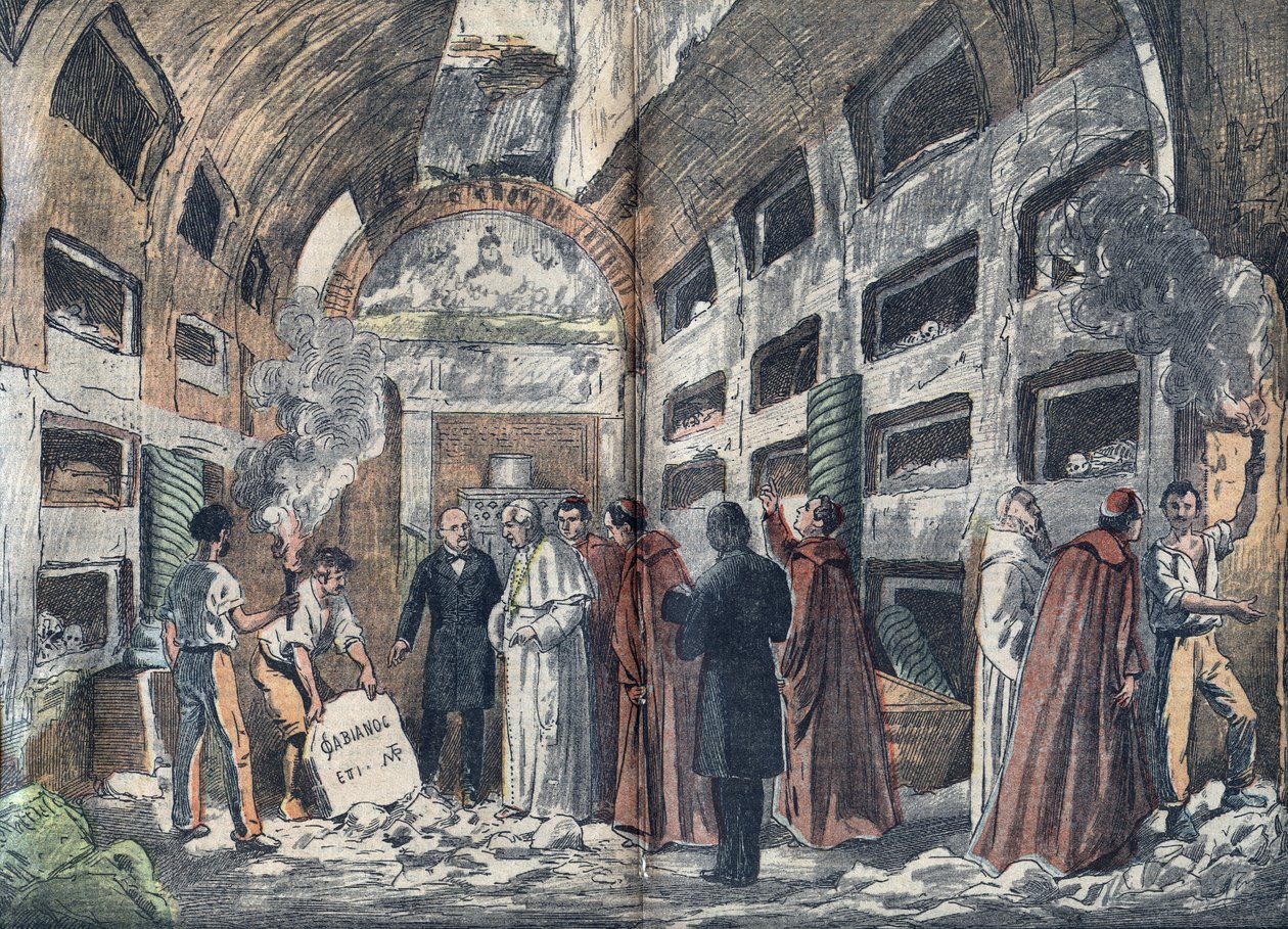 Arkeolog Giovanni Battista de Rossi (1822-1894) Papa Pius IX'u yeni keşfettiği Papaların mezarını ziyaret ettiriyor (1852) - "" le-Pelerin"de Damblans'ın çizimi 1923 by Eugene Damblans