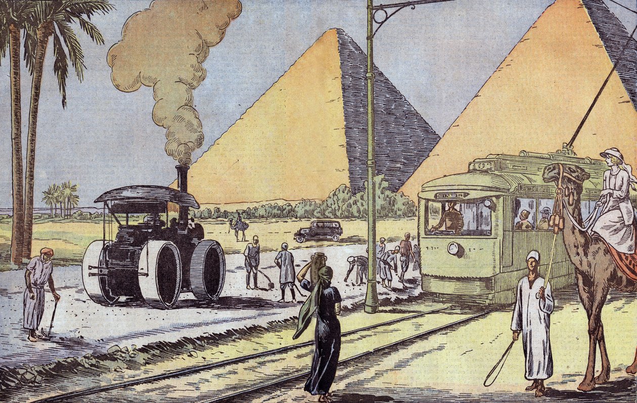 Mısır'daki Gize piramitlerinin görünümü, Eugene Damblans'ın 1 Ocak tarihli Fransız gazetesi "Le Pelerin"den çizimi by Eugene Damblans