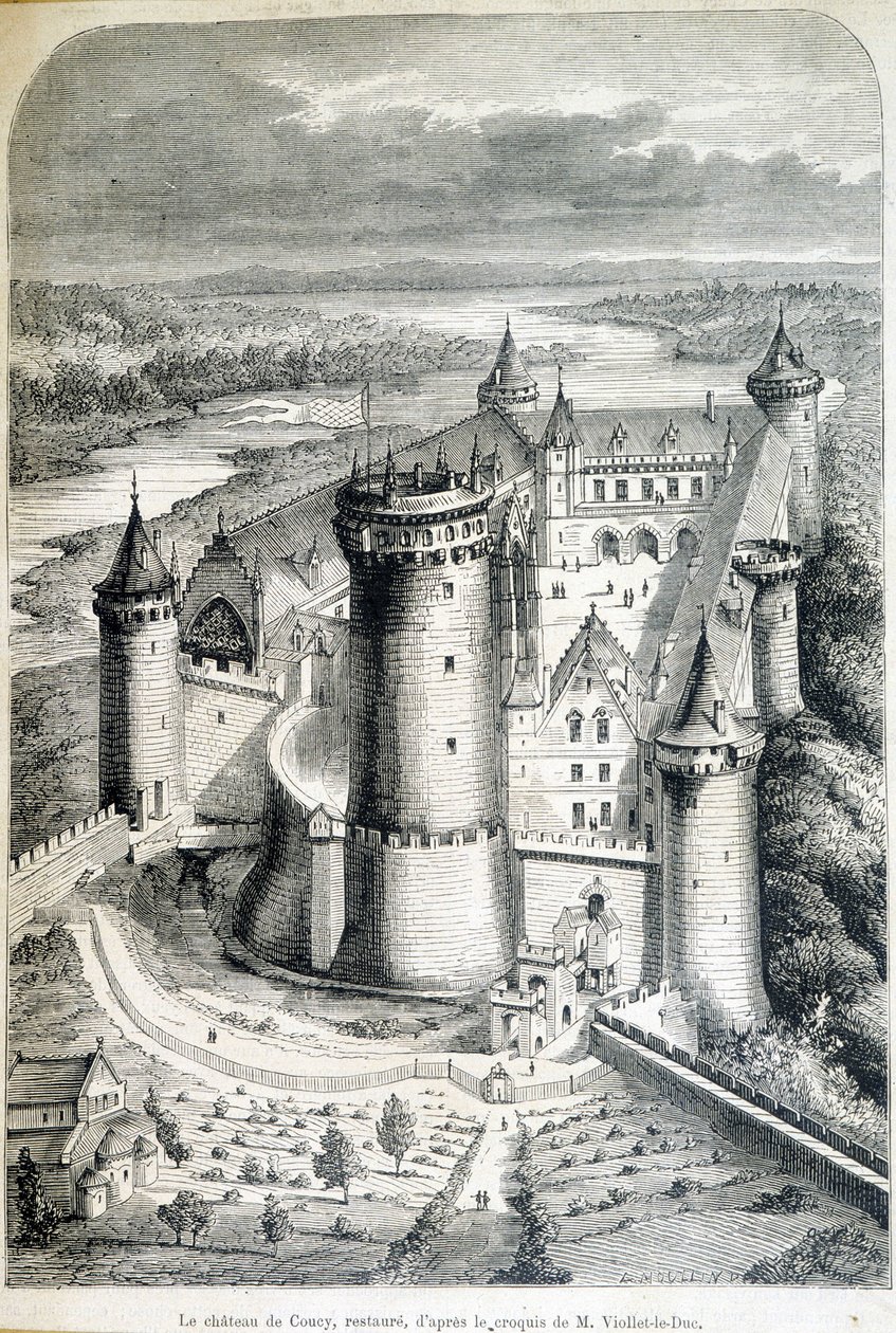 Le chateau de Coucy, restore edilmiş - eskizden gravür//tarafından Eugene Viollet-le-Duc (Viollet le Duc) (1814-1879) - 8/05/1858 tarihli “Le Monde şanlı”””. by Eugene Emmanuel (after) Viollet le Duc