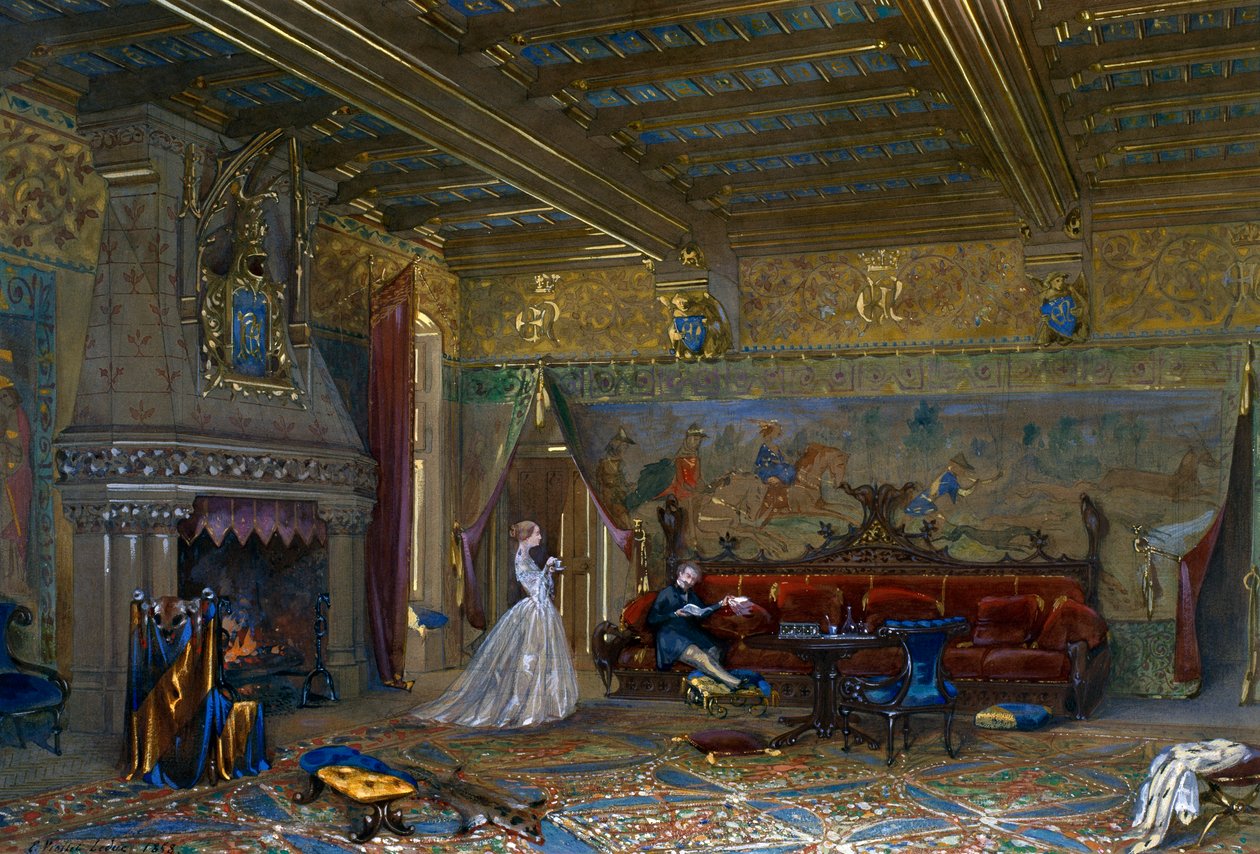 İmparator ve imparatoriçe ile Chateau de Pierrefonds için Gotik tarzı bir salonun tasarımı by Eugene Emmanuel Viollet le Duc