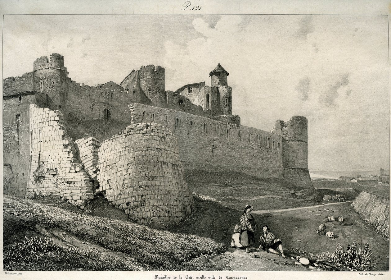 Carcassonne, şehir surları, ağır hasar görmüş by Eugene Emmanuel Viollet le Duc