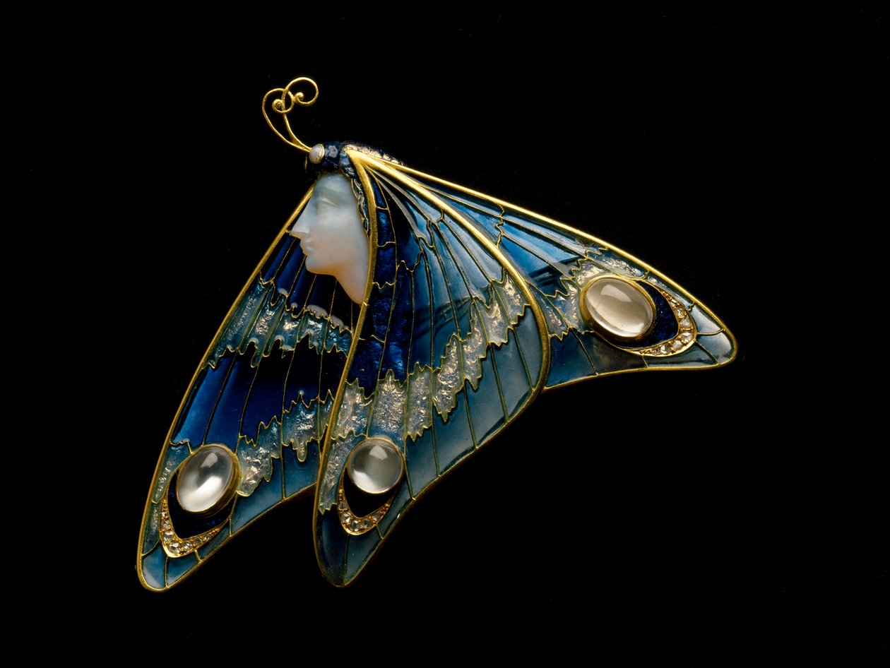 Art Nouveau: gold brooch, translucent enamel, opal, moonstone and diamond in the shape of a butterfly woman. Atelier Eugene Feuillatre (1870-1916). 1900 Parma, private collection - Art Nouveau: gold, translucent enamel, opal, moonstone and diamond, butterf by Eugene Feuillatre