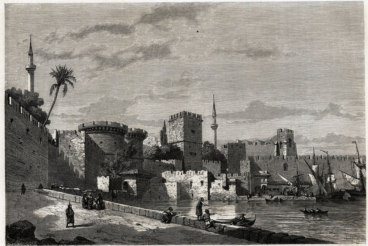 Eugene Flandin'in 1844'te Rodos adasına yaptığı yolculuğunu göstermek için çizdiği, Rodos limanı ve Aubusson kapısının görünümü. Edouard Charton tarafından düzenlenen “Le tour du monde” deki gravür by Eugene Flandin