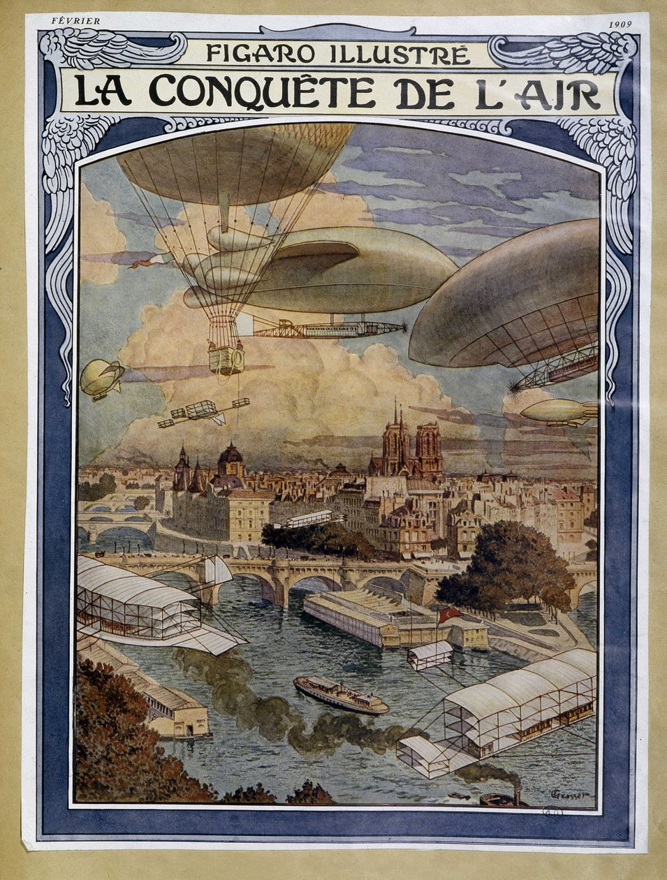 Air conquete: Paris üzerinde hava gemisi, balon ve sıcak hava balonu - Şubat 1909 tarihli “Figaro Illustré”de kapak by Eugene Grasset