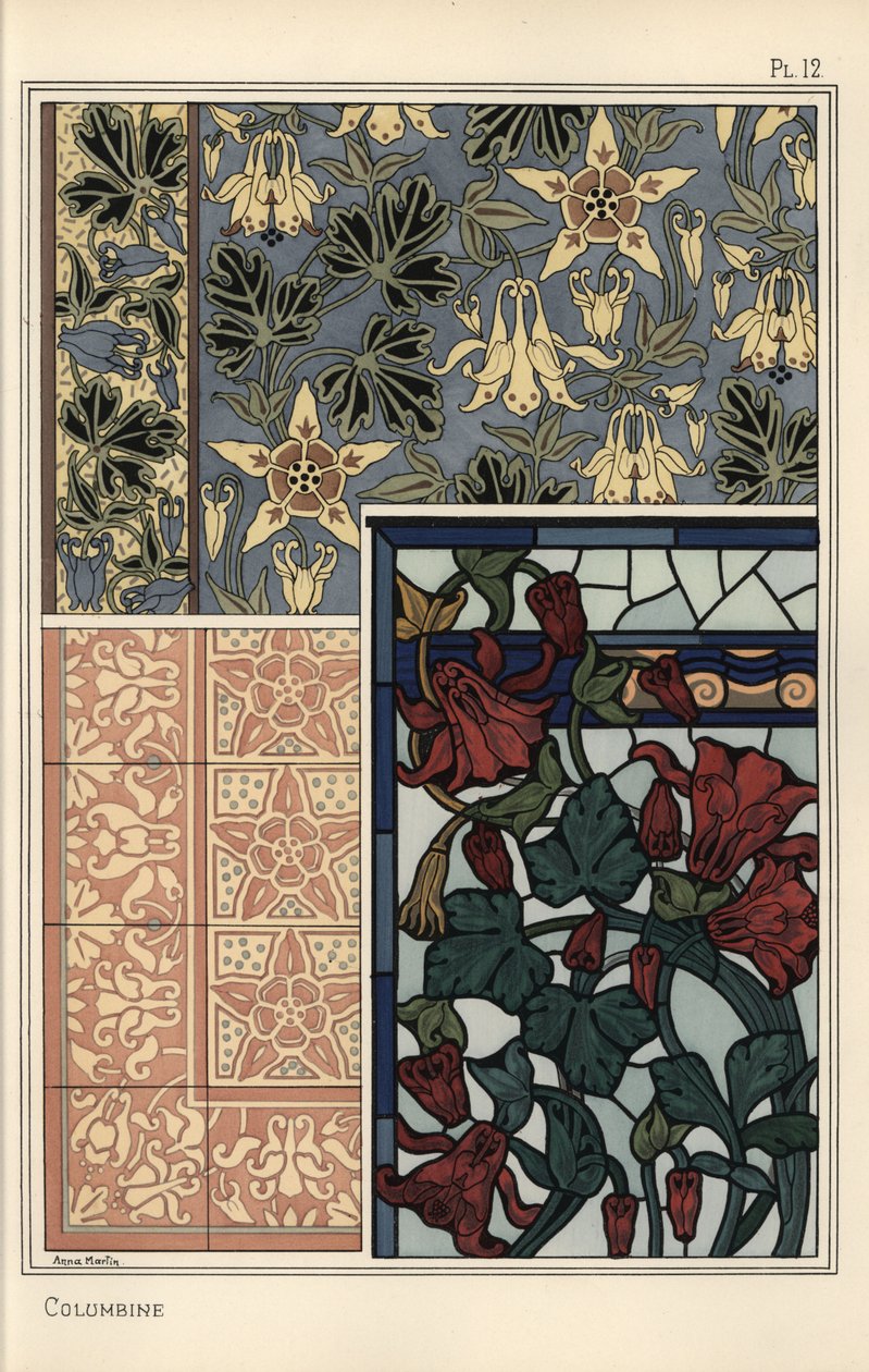 Columbine, Aquilegia vulgaris, duvar kağıdı, vitray ve fayans için desenlerde çiçek by Eugene Grasset