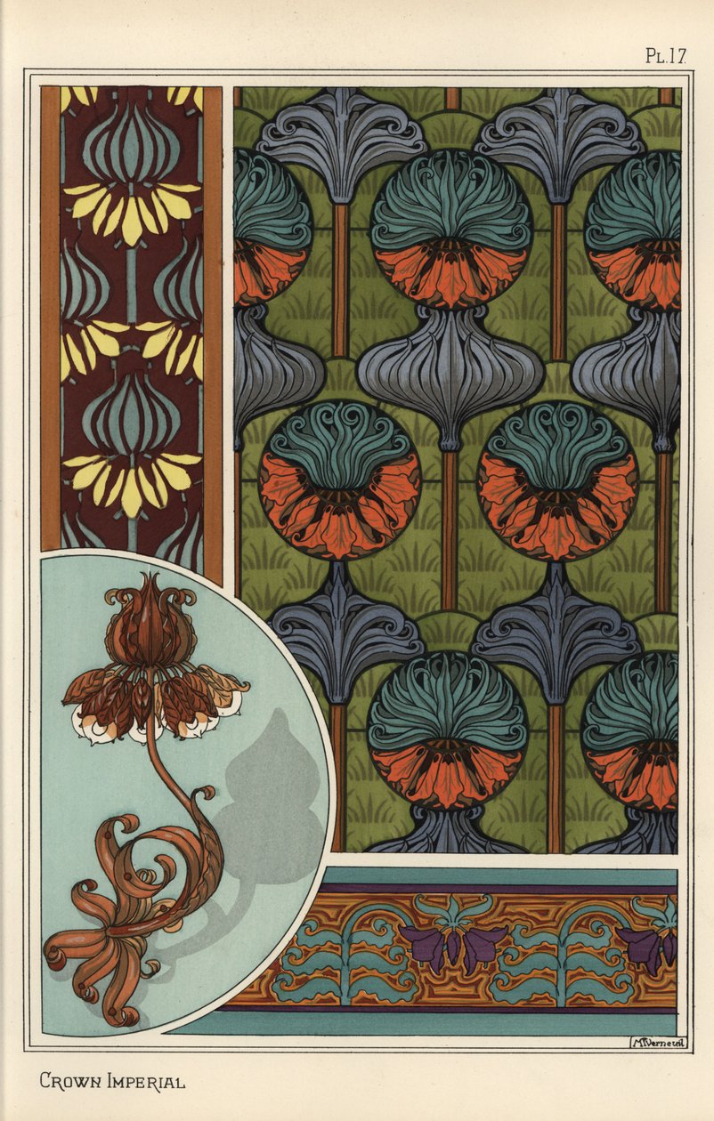 Kraliyet imparatorluk çiçeği Fritillaria Imperialis, duvar kağıdı ve kumaş desenlerinde ve bir ferforje lamba tasarımı olarak by Eugene Grasset