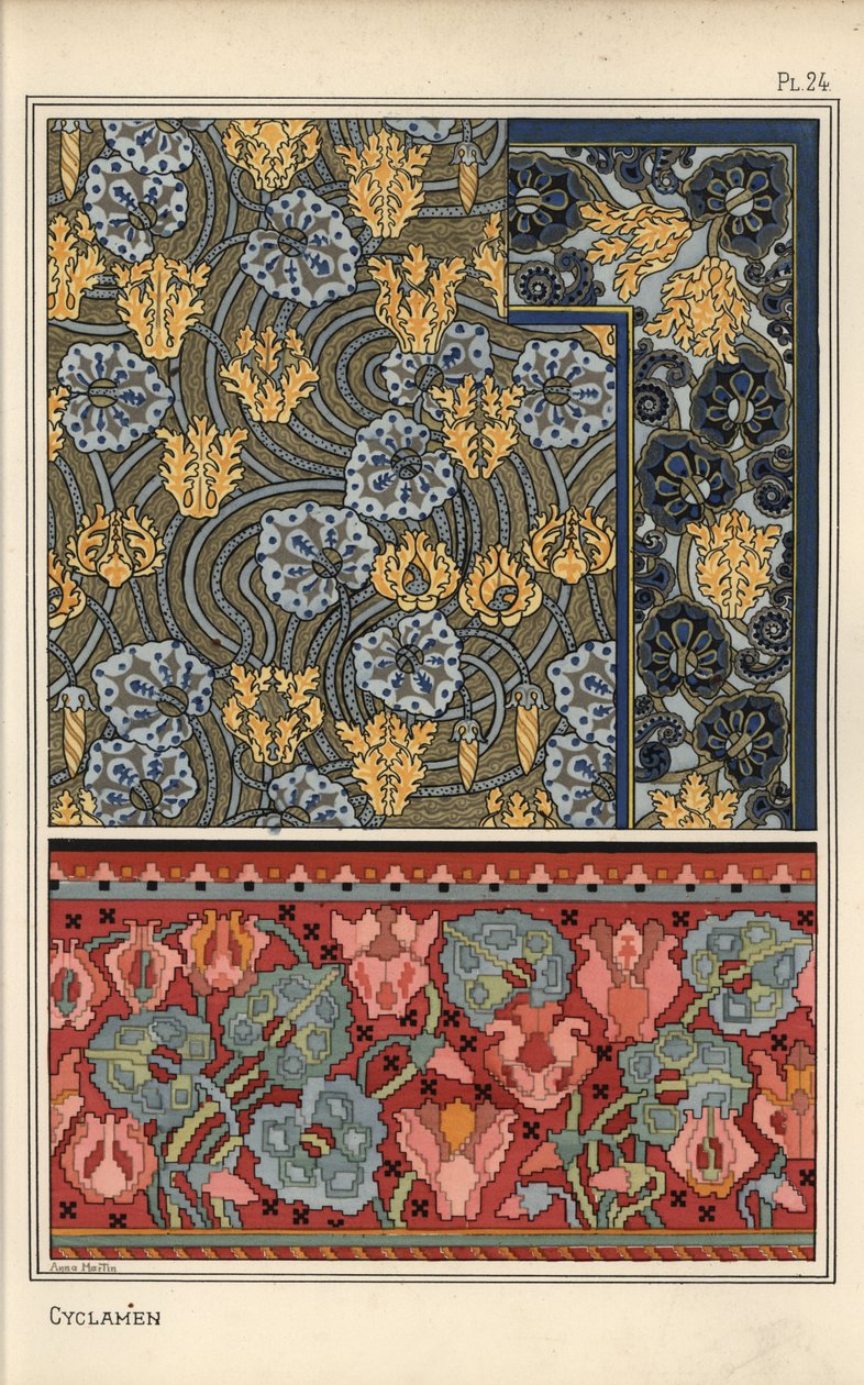 Goblen, kumaş ve duvar kağıdı tasarımlarında motif olarak siklamen persicum bitkisi. Anna Martin tarafından litografi by Eugene Grasset