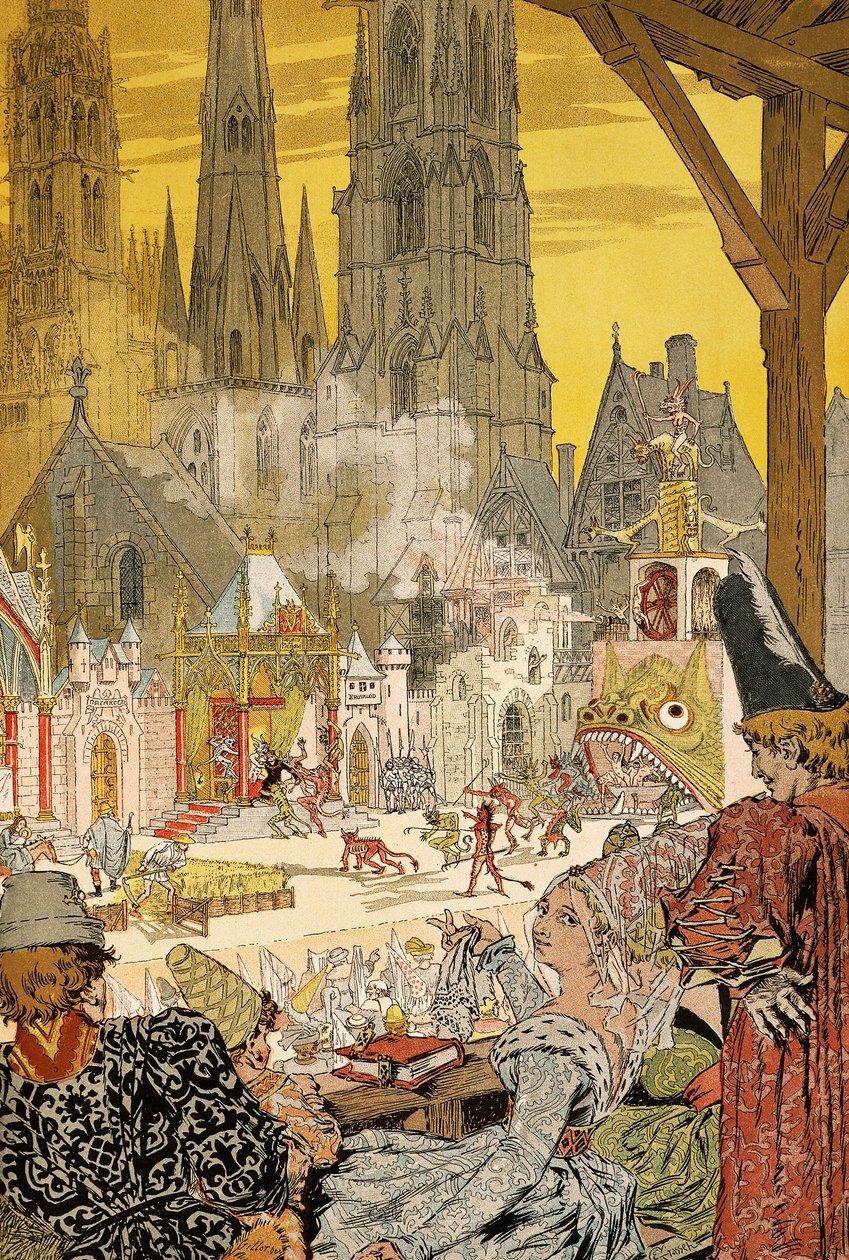 Katedralin avlusundaki gizem tasviri, Victor Hugo'nun (1802-1885) Notre-Dame de Paris için illüstrasyonu by Eugene Grasset